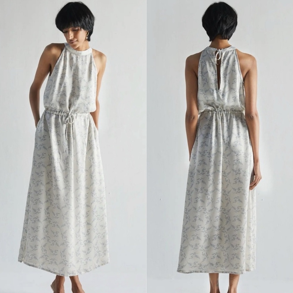 Sleeveless Halter Maxi Dress in Light Cream with Subtle Blue Print